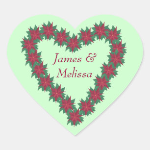 Poinsettia Heart-julbröllop Stickers Hjärtformat Klistermärke