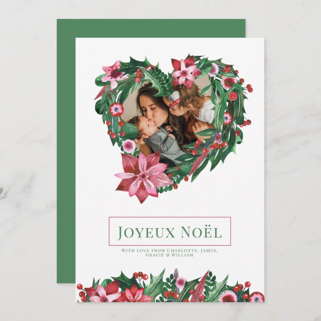 Poinsettia Hjärtsandning Joyeux Noël julkort Inbjudningar (Fram/baksida)