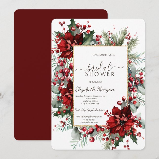 Poinsettia Holiday Vinter Bröllopsdusch  Inbjudningar (Fram/baksida)