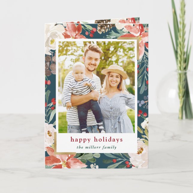 Poinsettia Holly Berries Blommigt Fotojul Helgkort (Framsida)