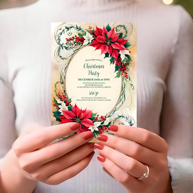 Poinsettia Holly Berries Blommigt jul Party Inbjudningar (Skapare uppladdad)