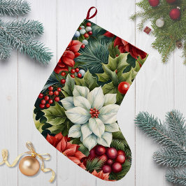 Poinsettia & Holly Berries Stor Julstrumpa