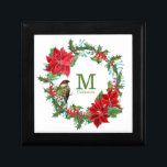Poinsettia Holly Berry Monogram jul Minnesask<br><div class="desc">Den här söt Helgdag keramiska presentlådan har en vintage bild av ett kullbär och en röd poinsettia-krans. På ena sidan lever en ljusstark liten fågel. I mitten finns ditt monogram i mjuk matchande grönt,  med ditt namn eller annan text under det.</div>