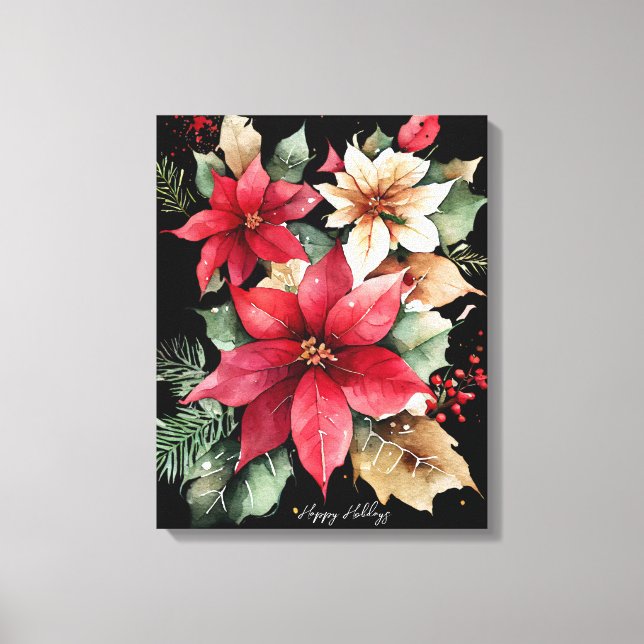 Poinsettia Holly Berry Red White Flower jul jul Canvastryck (Framsida)