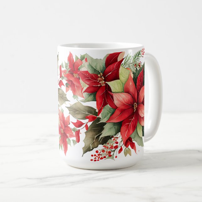 Poinsettia Holly Berry Red White Flower jul jul Kaffemugg (Framsida höger)