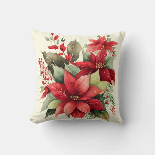 Poinsettia Holly Berry Red White Flower jul jul Kudde