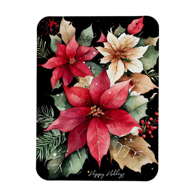 Poinsettia Holly Berry Red White Flower jul jul Magnet (Vertikal)