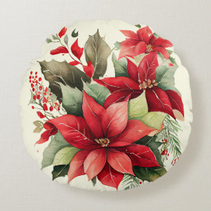 Poinsettia Holly Berry Red White Flower jul jul Rund Kudde