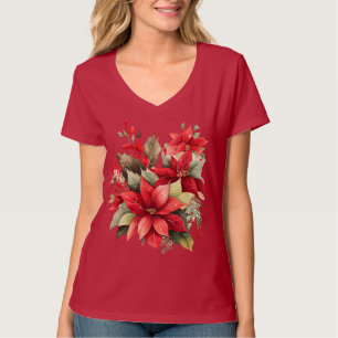 Poinsettia Holly Berry Red White Flower jul jul T Shirt