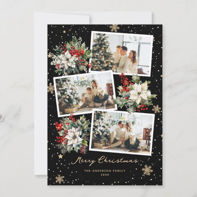 Poinsettia Holly Black Photo God jul Card Julkort (Framsida)