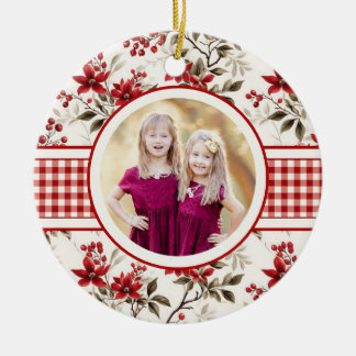 Poinsettia Holly Gingham Gräns Helgdag Photo Card Julgransprydnad Keramik
