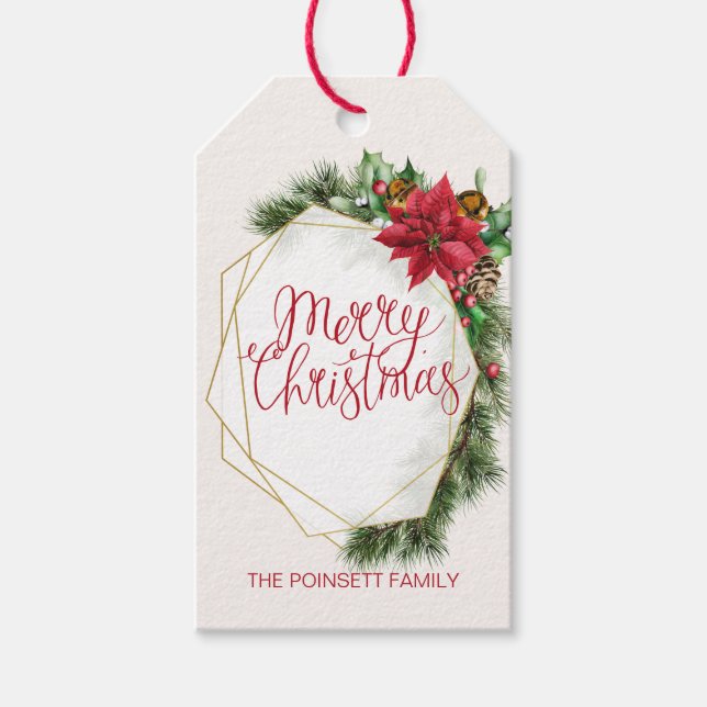 Poinsettia, holly, gräs, konjul presentetikett (Framsidan)