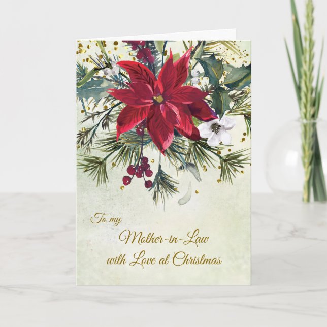Poinsettia, holly, gräs, Svärmorna Helgkort (Framsida)