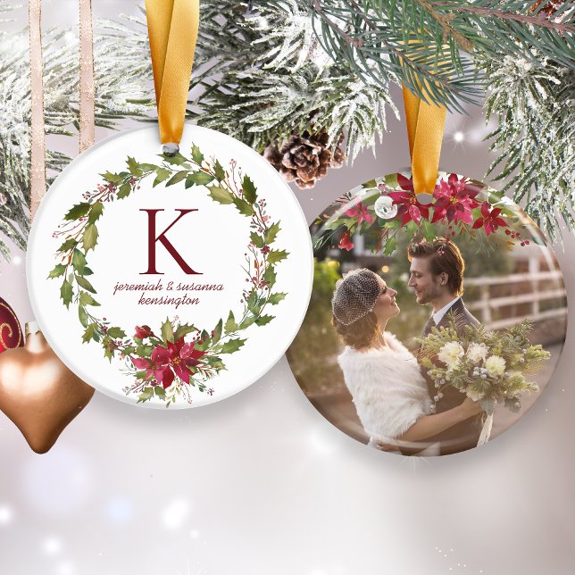 Poinsettia Holly Monogram Helgdag Photo Julgransprydnad Keramik (Poinsettia Holly Monogram Holiday Photo Ceramic Ornament)