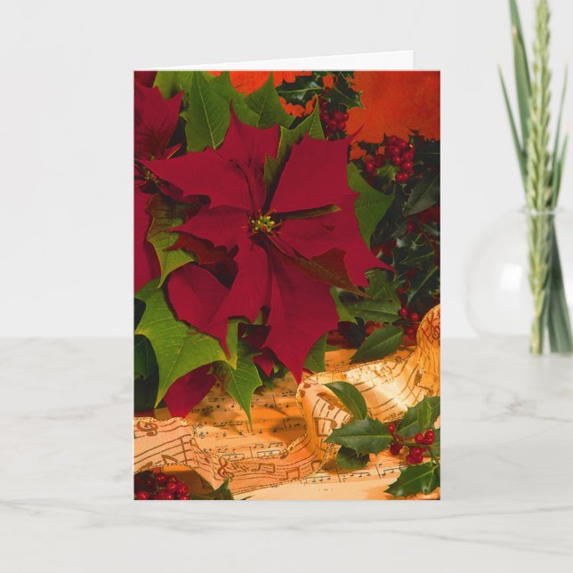 Poinsettia, Holly och Ribbon Helgkort (Framsida)
