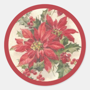 Poinsettia Holly Vintage jul Helgdag Seal Runt Klistermärke