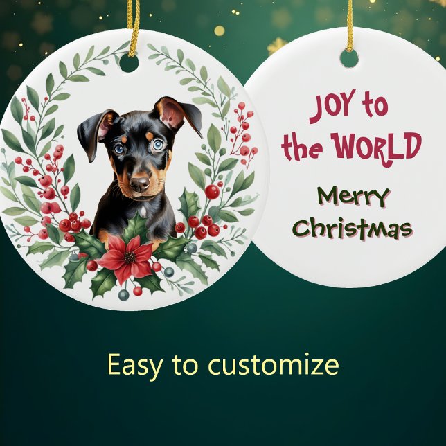 Poinsettia Holly Wandeberman Pinscher Puppy Julgransprydnad Keramik (Skapare uppladdad)