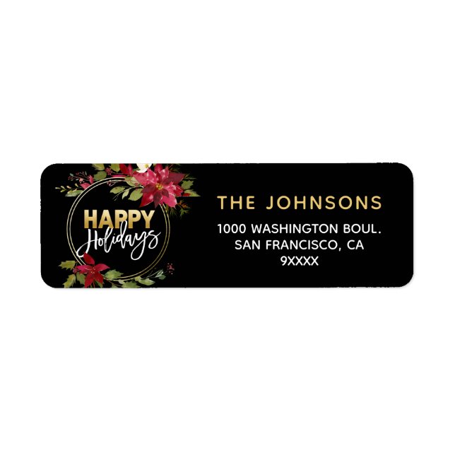 Poinsettia Holly WandeRed Guld Glad helg Returadress Etikett (Framsidan)