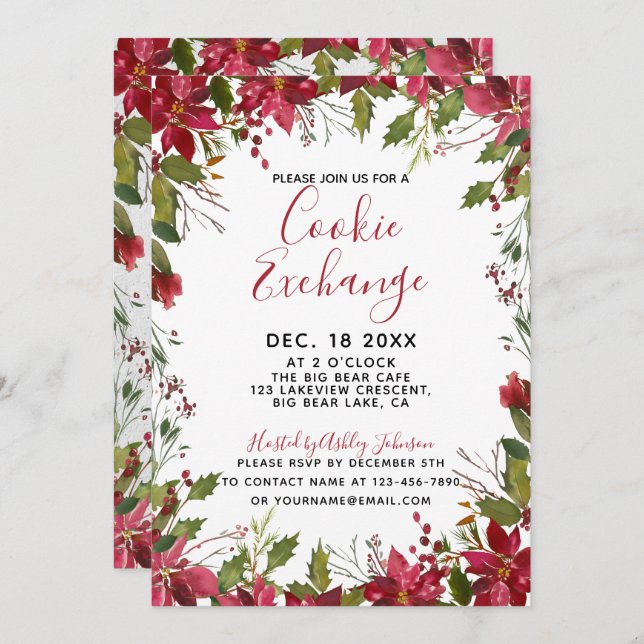 POINSETTIA + HOLLY Watercolor Cookie Exchange Inbjudningar (Fram/baksida)