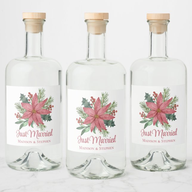 Poinsettia Jul Blommigt Ny gifta Bröllop Spritflaskor Etikett (Flaskor)