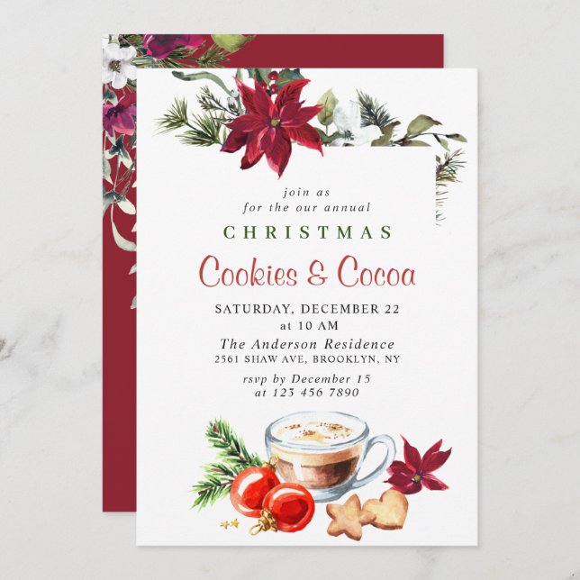 Poinsettia jul Cookies & Cocoa Julfest Inbjudningar (Fram/baksida)