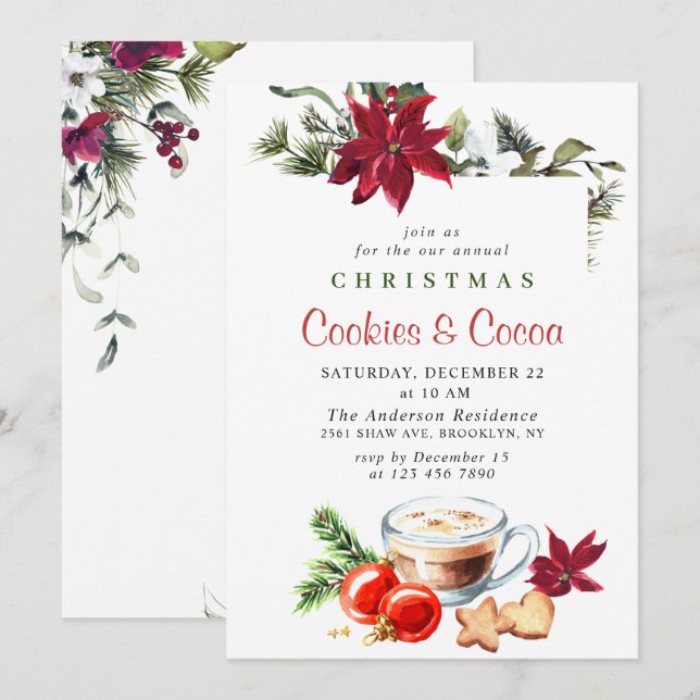 Poinsettia jul Cookies & Cocoa Julfest Inbjudningar (Fram/baksida)