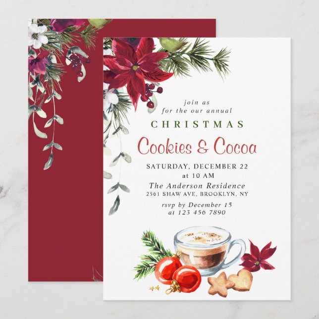 Poinsettia jul Cookies & Cocoa Julfest Inbjudningar (Fram/baksida)