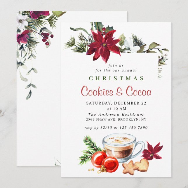 Poinsettia jul Cookies & Cocoa Julfest Inbjudningar (Fram/baksida)