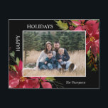 Poinsettia jul Glad helg PHOTO Vykort<br><div class="desc">Fantastiskt familjekort med handmålad vattenfärg poinsettia bouquet blommor och holly i grönt och djup bärröd färg och svart bakgrund. Du kan enkelt redigera kortet genom att lägga till foto/bild och text i din familj. GLAD HELG - kan ändras till GOD JUL. Gör underbara kort att skicka till familj och vänner...</div>