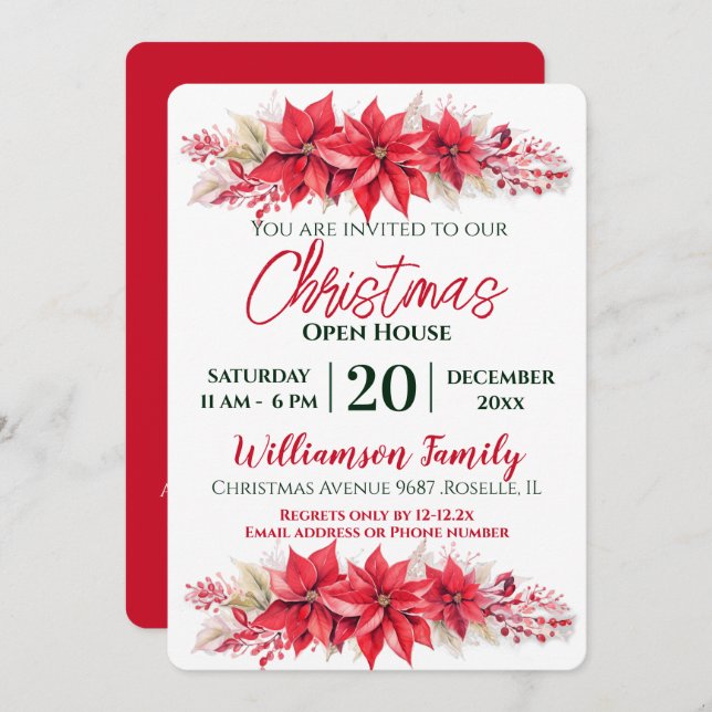 Poinsettia jul - öppna huset Party Inbjudningar (Fram/baksida)