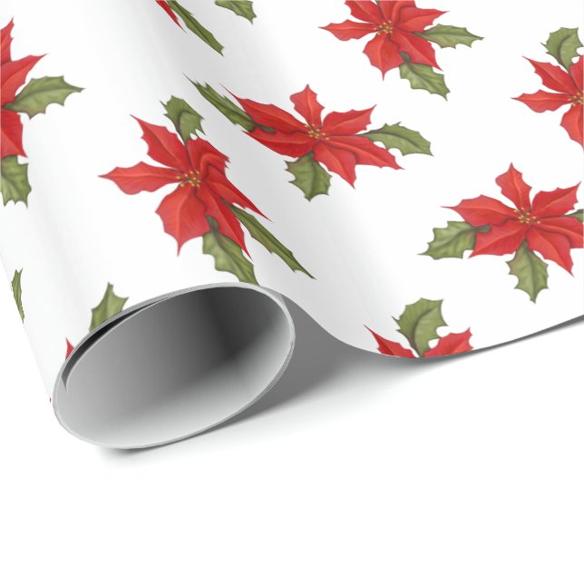 Poinsettia jul på White Presentpapper (Rullad Hörn)