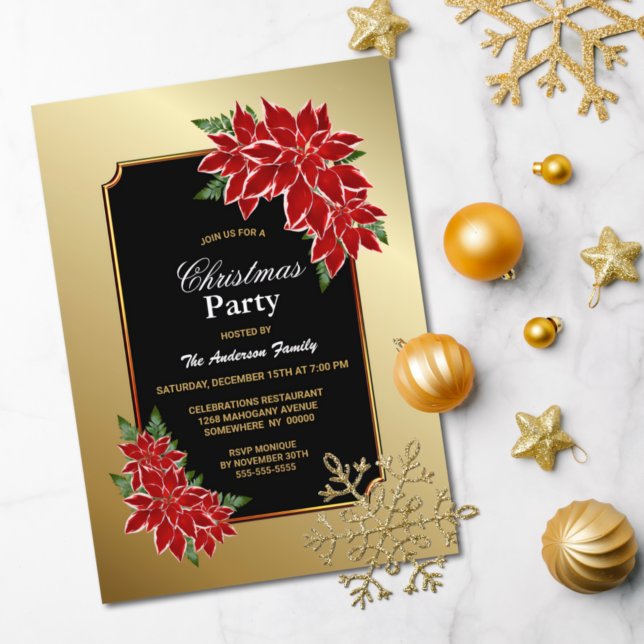 Poinsettia jul Party Guld Borderade Black Inbjudningar (Skapare uppladdad)