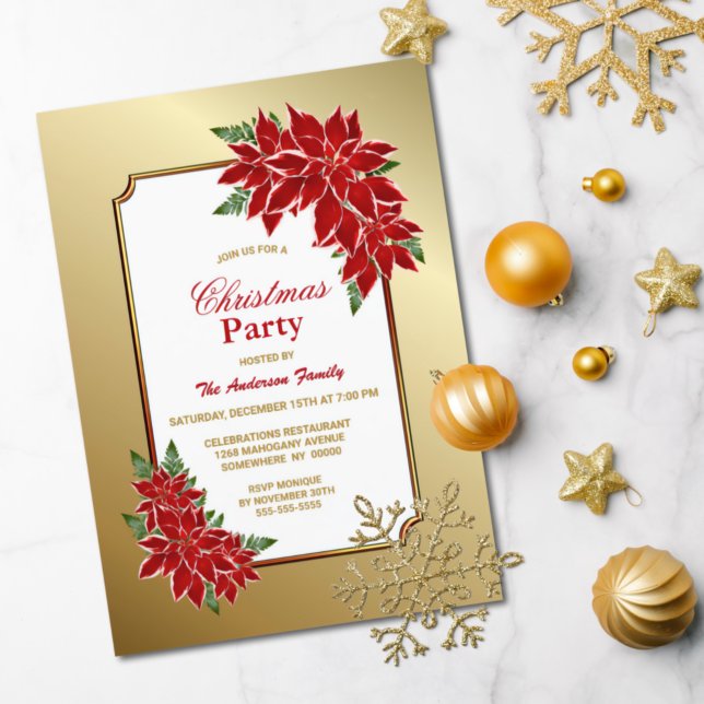 Poinsettia jul Party Guld Borderade Inbjudningar (Skapare uppladdad)