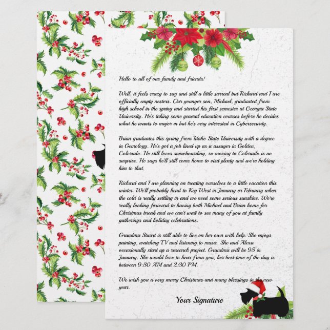 Poinsettia jul Scottie Family Newsletter Brevpapper (Fram/baksida)