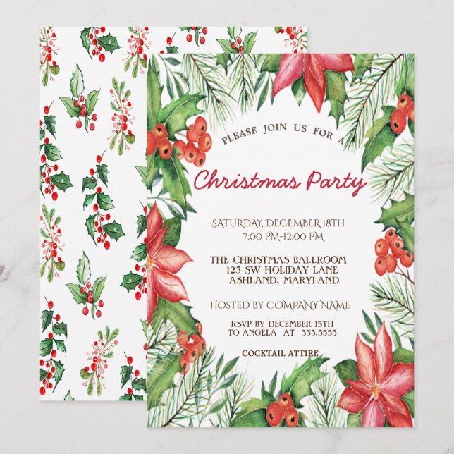 Poinsettia,Julbär Företagsjulparty Inbjudningar (Fram/baksida)