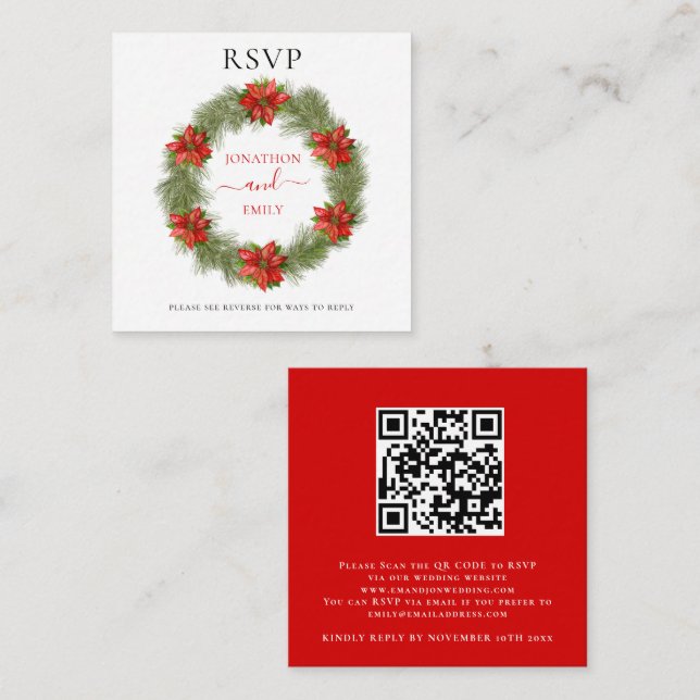 Poinsettia Julbröllop QR-kod RSVP Tilläggskort (Fram/baksida)