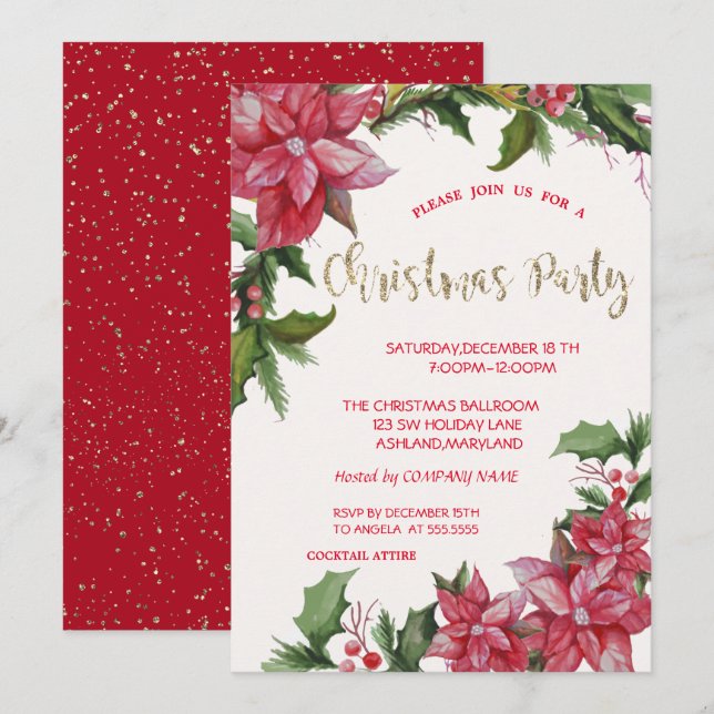Poinsettia,Konfetti,Röda Kompaniets Julfest Inbjudningar (Fram/baksida)