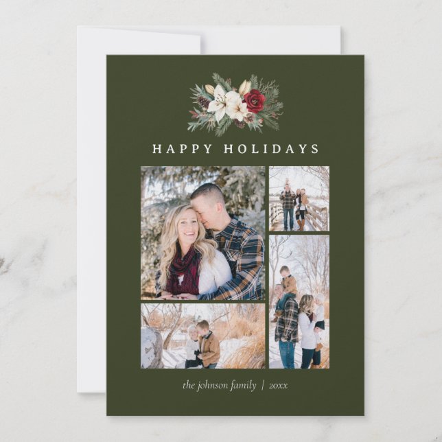 Poinsettia & Lily 5 Photo Collage Rustic Christmas Julkort (Framsida)