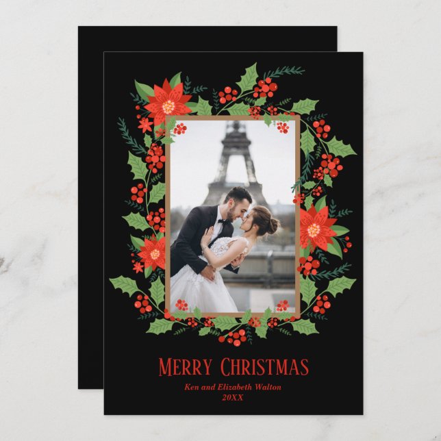 Poinsettia och Berries julfoto Julkort (Fram/baksida)