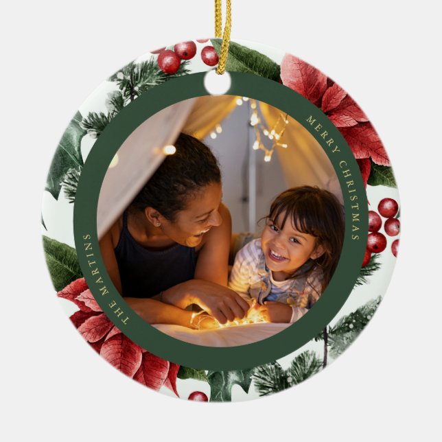 Poinsettia och Greenery Photo och Namn Julgransprydnad Keramik (Framsidan)