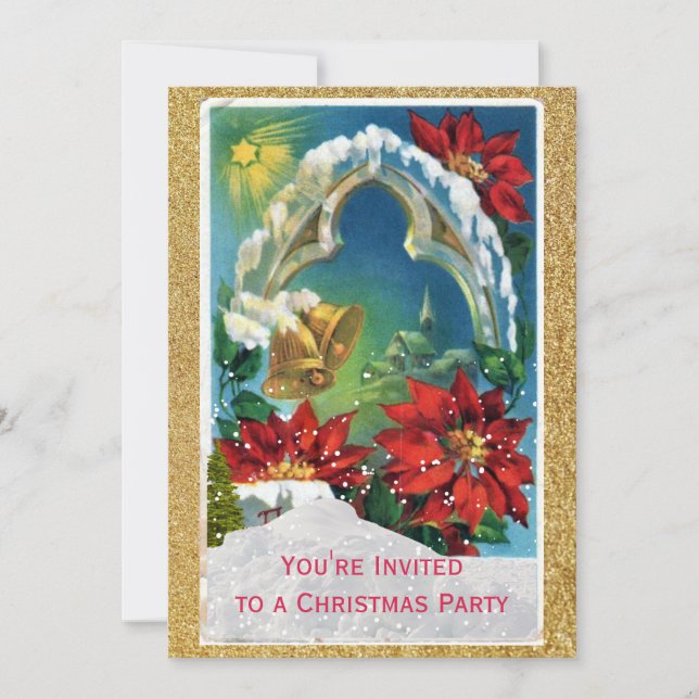 Poinsettia och Guldklockor Julfest Inbjudningar (Framsida)