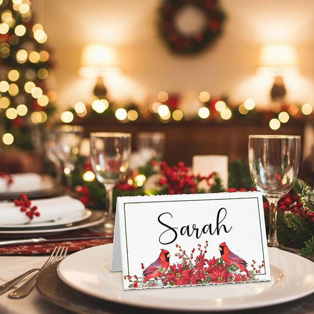 Poinsettia och holly med kardinaljulen placeringskort (Skapare uppladdad)