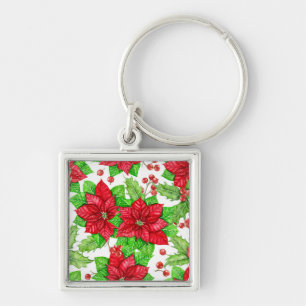 Poinsettia och Hullberry - vattenfärg jul Fyrkantig Silverfärgad Nyckelring