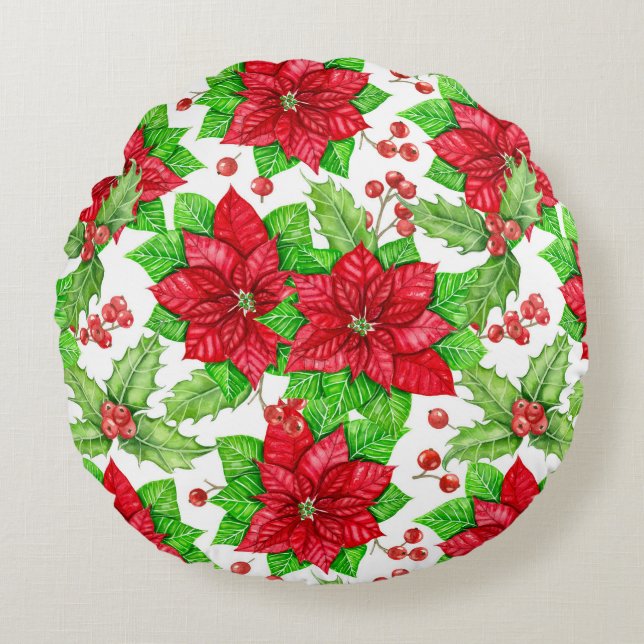 Poinsettia och Hullberry - vattenfärg jul Rund Kudde (Framsidan)