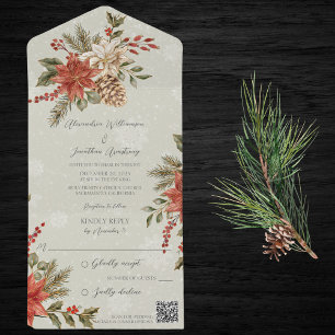 Poinsettia och järnek på snöig salvia QR-kod