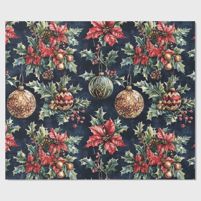 Poinsettia och juldekorationer presentpapper (Platt)