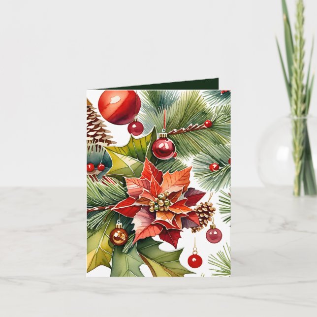 Poinsettia och Red Ornament Photo & Fact jul Kort (Framsida)