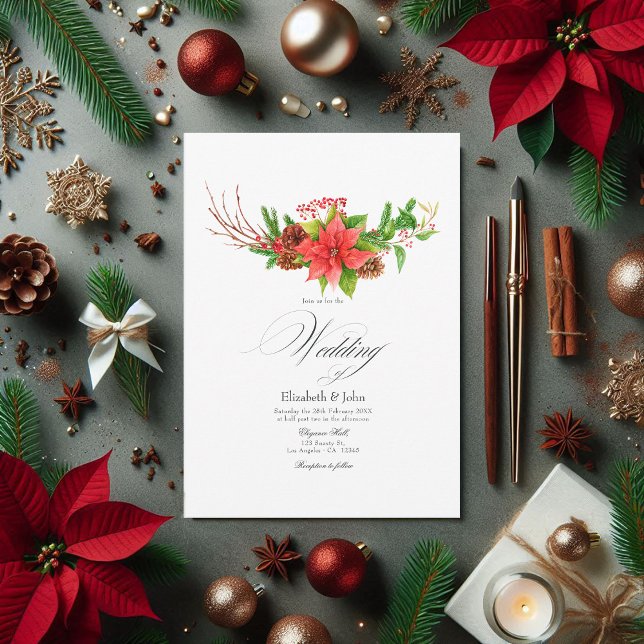 Poinsettia och Tall Jul Bröllopscharm Inbjudningar (Poinsettia and Pine Christmas Wedding Charm Invitation)