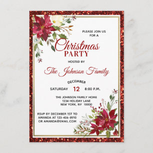 Poinsettia PARTY Red Glitter Inbjudningar