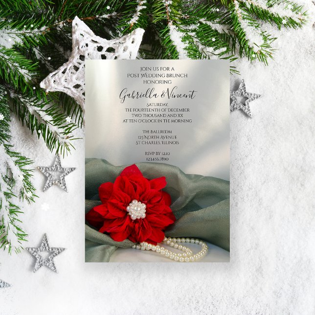 Poinsettia Pearls Grönt Winter Post Bröllop Brunch Inbjudningar (Set a festive tone with the Red Poinsettia and Pearls Winter Post Wedding Brunch Invitation.)